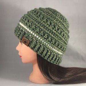 Forest Green & Beige Adult Striped Beanie Handmade
